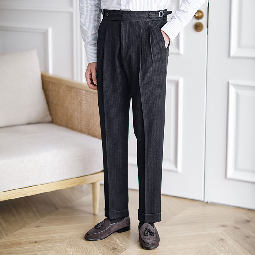 ハイウェストパンツ・ビジネススラックス・テーパートラインパンツ・クラシックスラックス・チャコールグレー